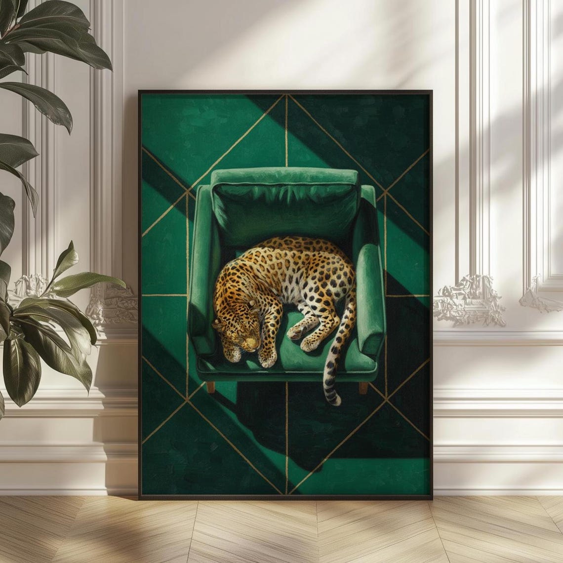 Sleeping Leopard Poster Emerald Green Maximalist Home Decor Digital Download