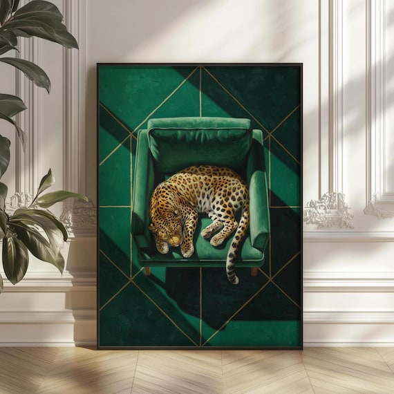 Sleeping Leopard Poster Emerald Green Maximalist Home Decor Digital Download