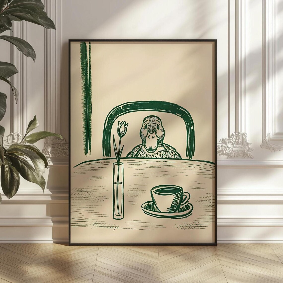 Funny Sneaky Duck Coffee Print, Whimsical Kitchen Art