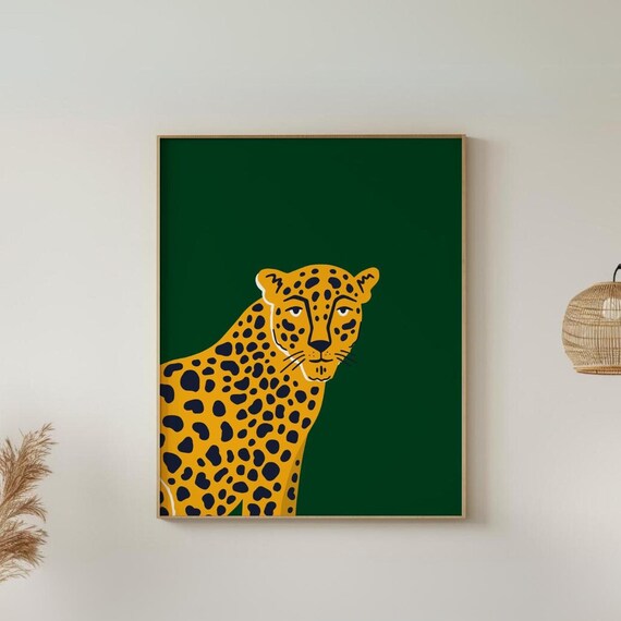 Golden Yellow Leopard on Emerald Green Modern Animal Art Poster