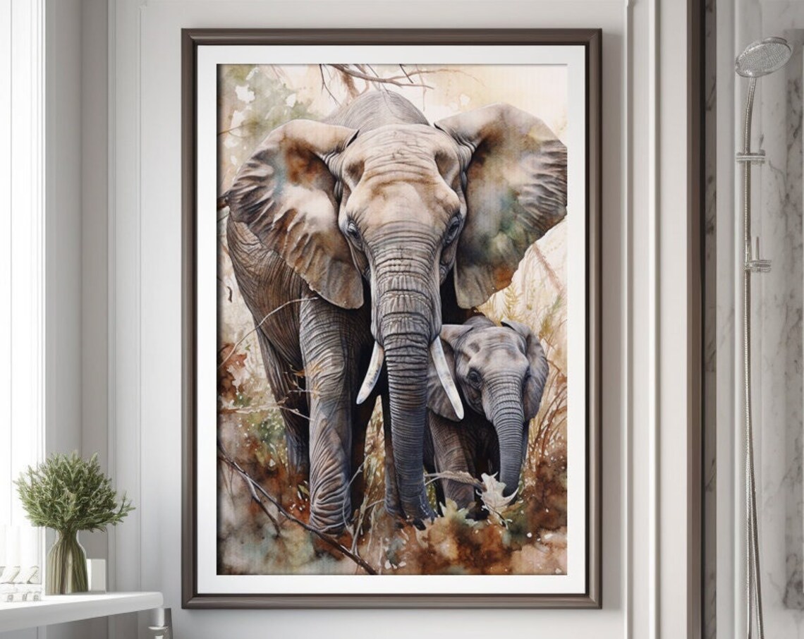 African Elephant and Calf Watercolor Wildlife Safari Painting Poster