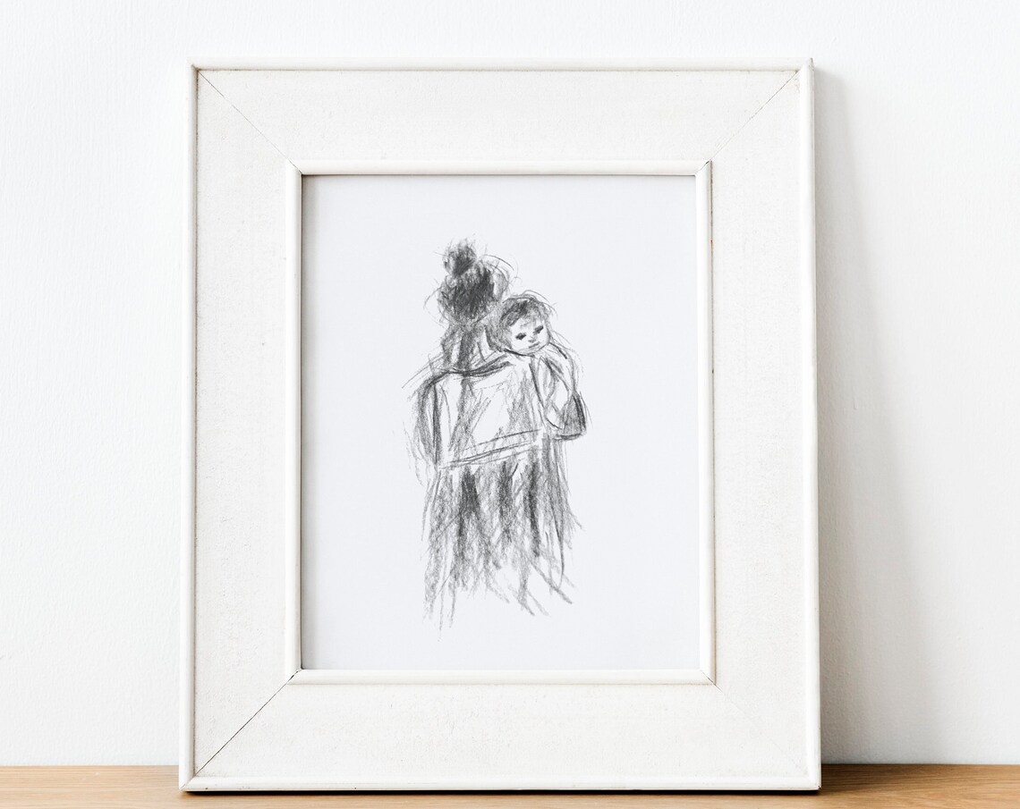 Mother Carrying Baby Minimalist Charcoal Sketch Nursery Poster - Image 2