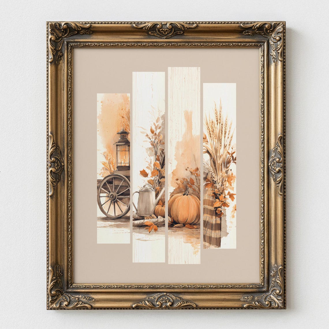 Rustic Fall Harvest Panels with Pumpkins and Lantern Poster Art