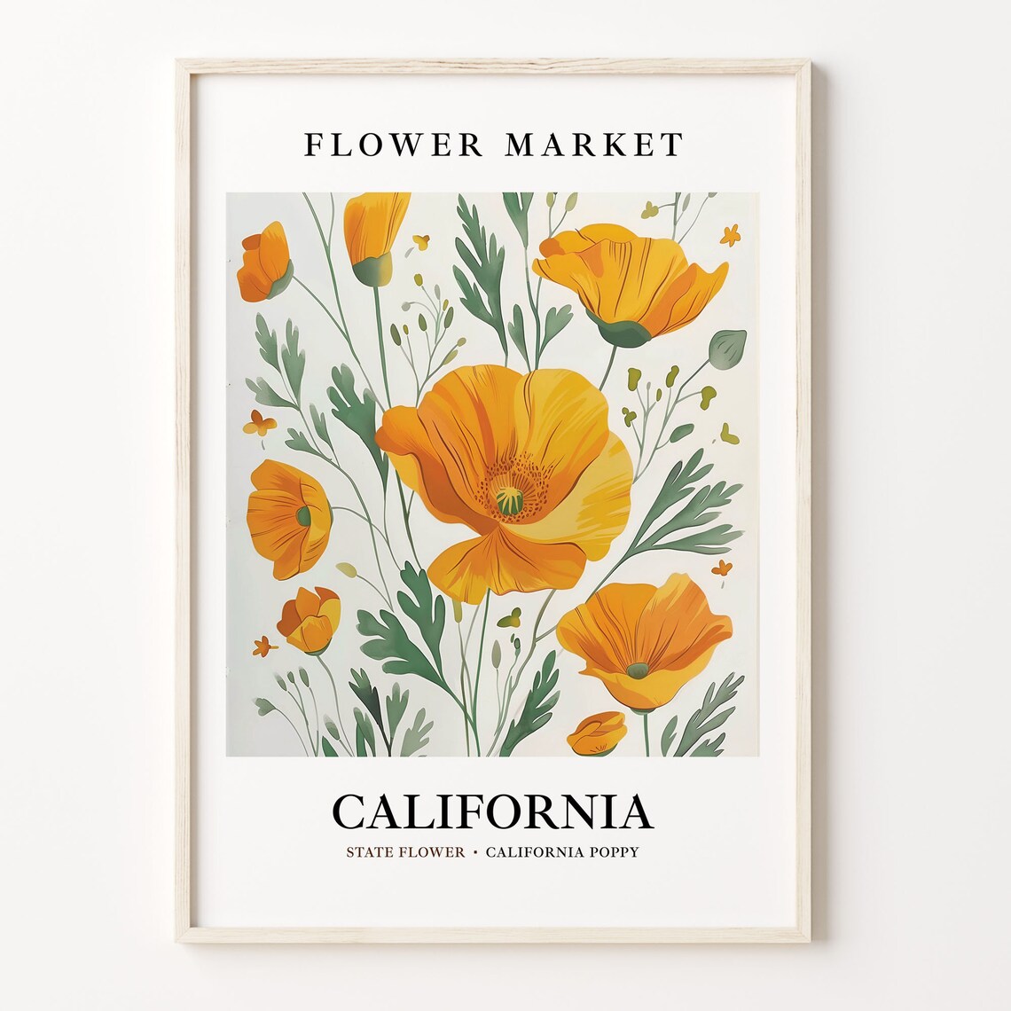 California Poppy 1960s Neutral Pastel Botanical Art Print