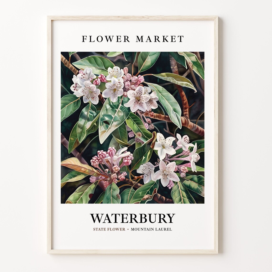 Waterbury Connecticut Mountain Laurel Botanical Vintage Charm Poster