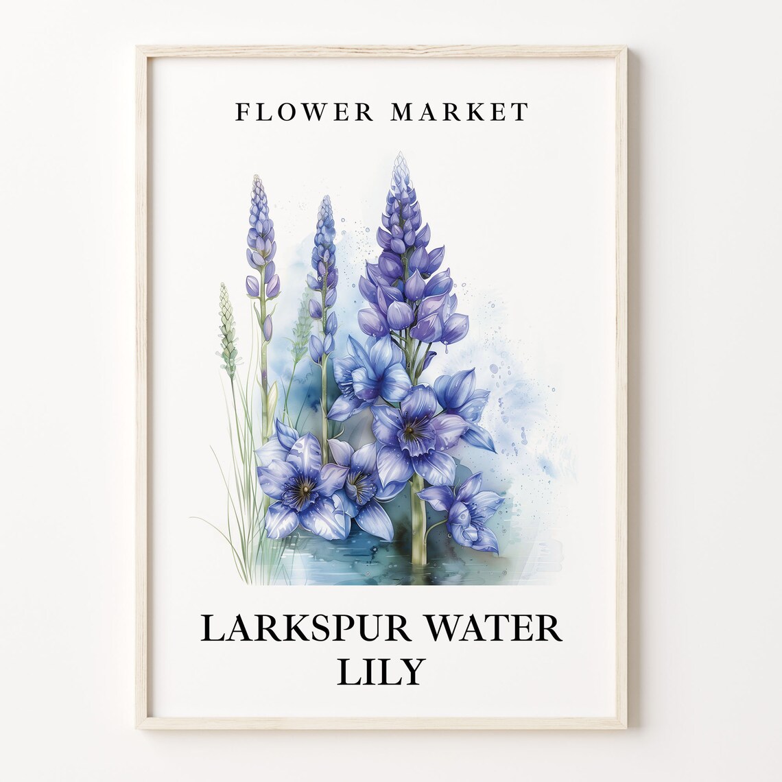 Larkspur Water Lily Flower Market Blue Floral Watercolor Poster