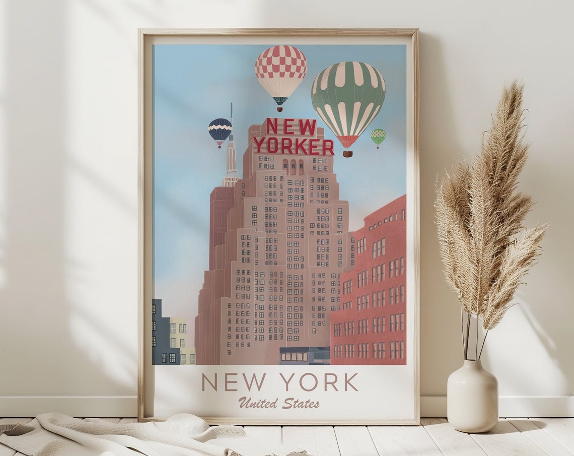 New York Illustration New York Travel Art Hot Air Balloons Wall Art Ny Travel Print Vintage Travel Poster New York Travel Poster
