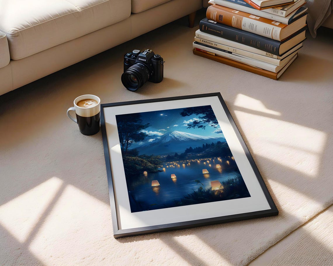 Mount Fuji Night Lantern Festival Lake Starry Sky Art Poster - Image 5