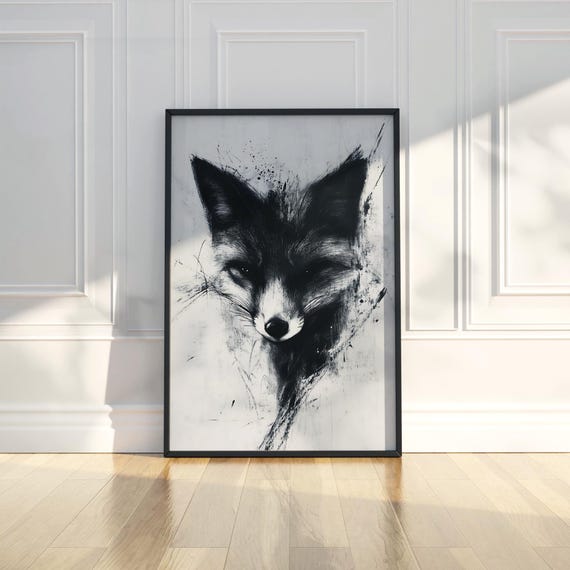 Minimalist Wild Fox Charcoal Sketch Wall Art Print Abstract Animal Illustration Trendy Poster Modern Home Decor