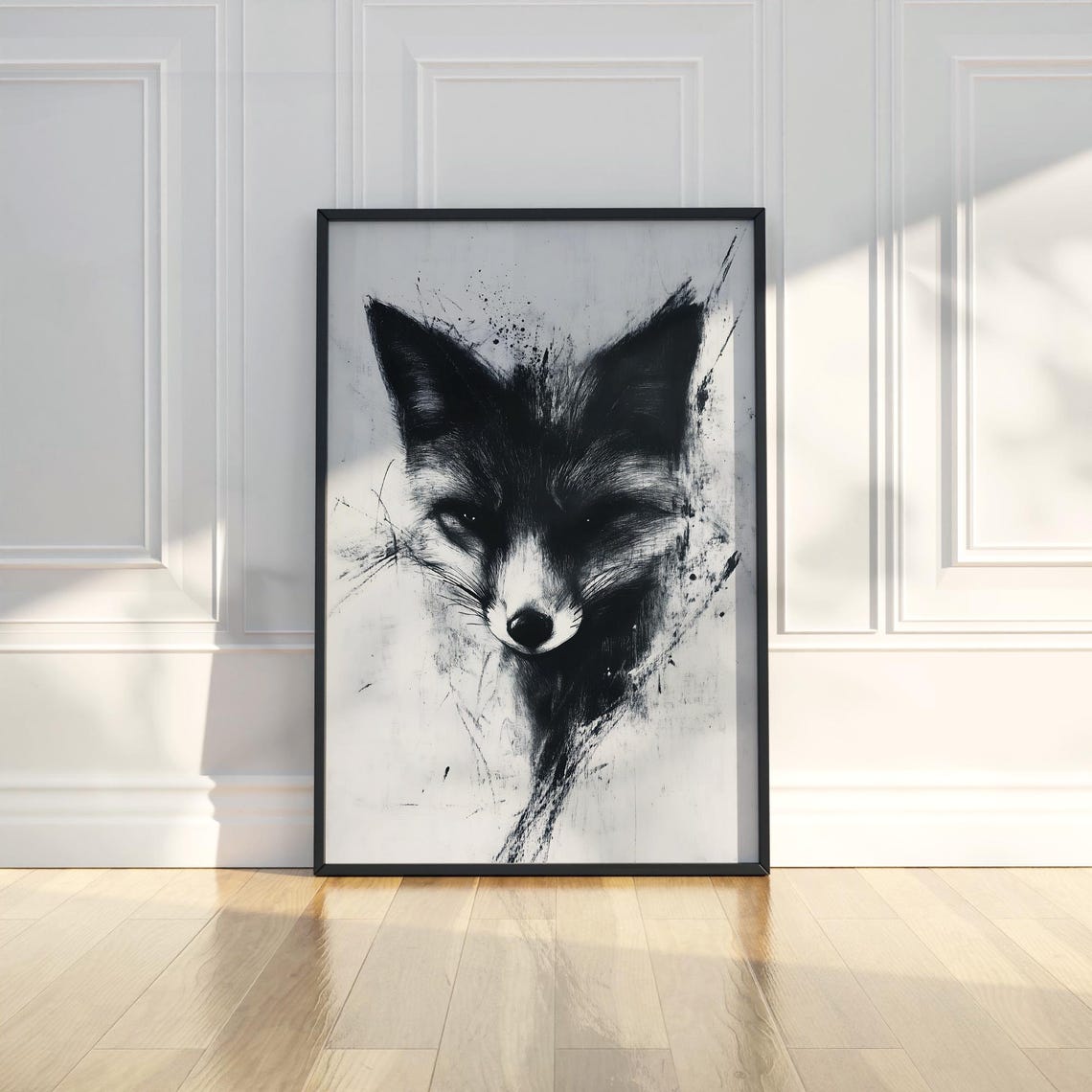 Black Fox Portrait Charcoal Sketch Abstract Wildlife Art Poster