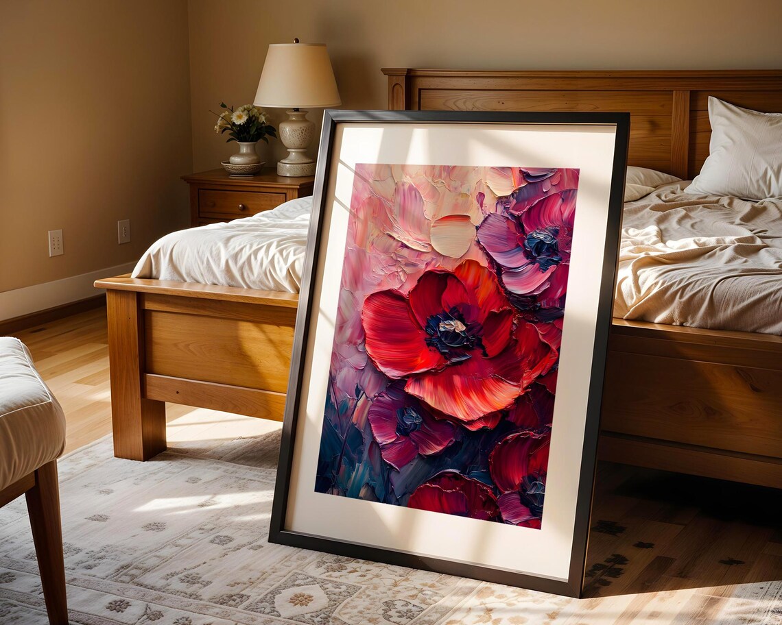 Bold Red Poppy Flowers Close Up Textured Impasto Oil Painting Poster - Image 4