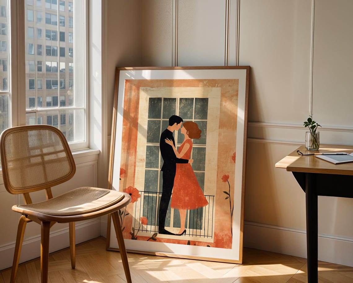 Vintage Couple Dancing Balcony Orange Poppies Romance Art Poster - Image 2