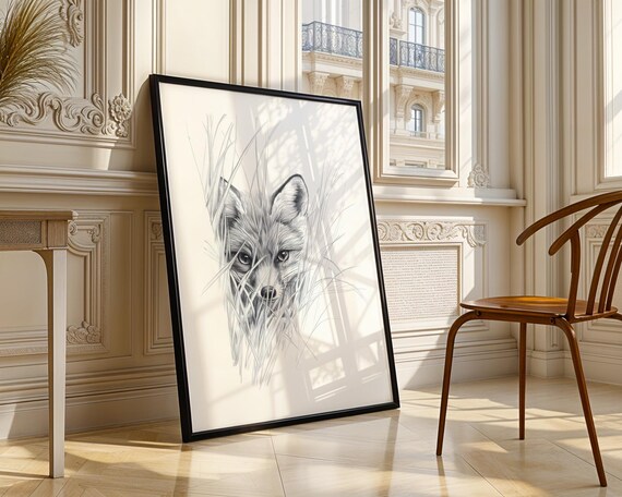 Fox Face Tall Grass Monochrome Pencil Sketch Wildlife Peeking Art Poster
