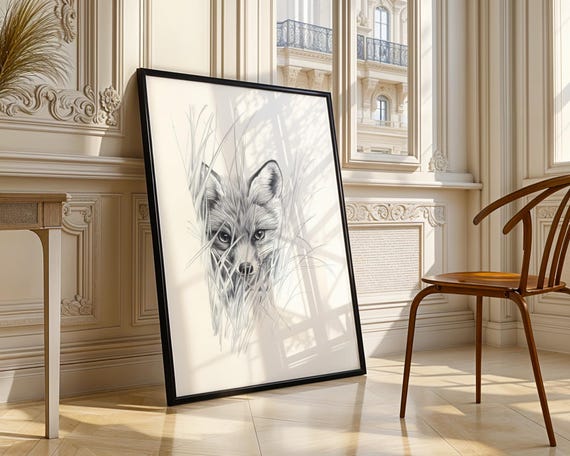 Peeking Fox Behind Tall Grass Pencil Sketch Wall Art Monochrome Wildlife Poster For Living Room Office Nursery Decor
