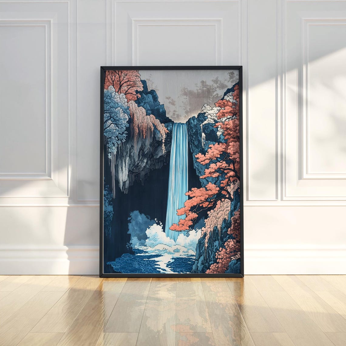 Japanese Blue Waterfall Art Poster with Autumn Forest Cliffs