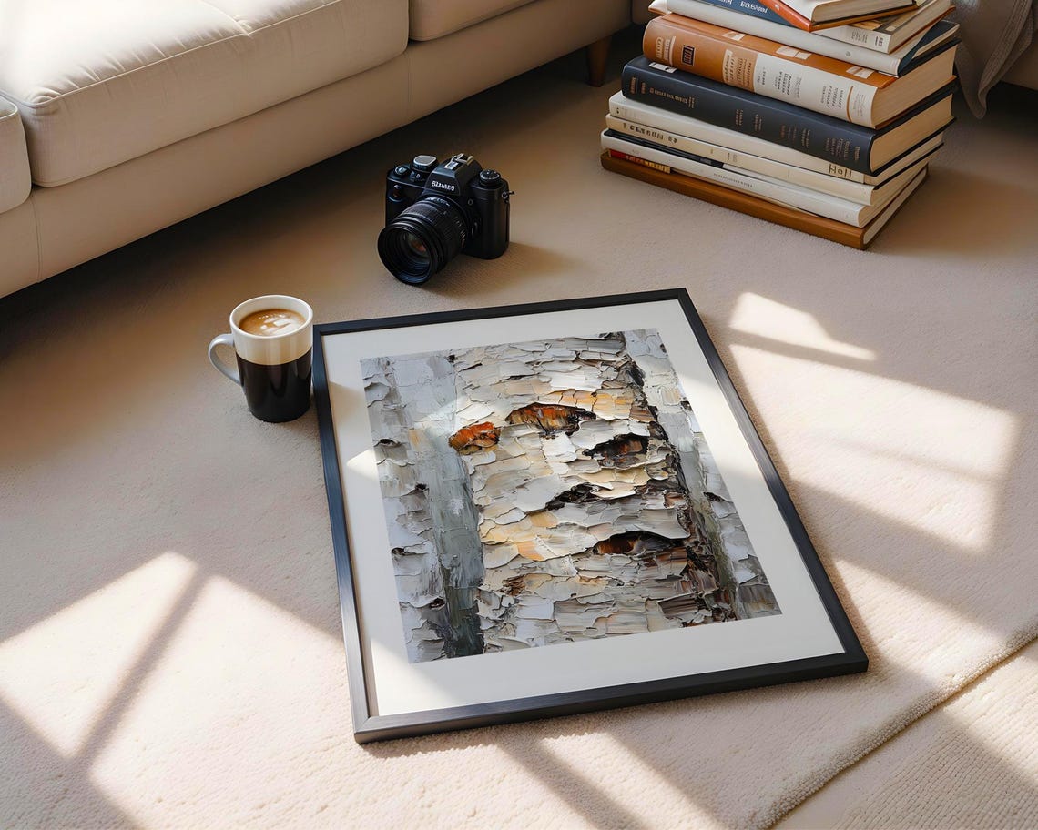 White Birch Bark Abstract Textured Impasto Modern Oil Painting Poster - Image 5