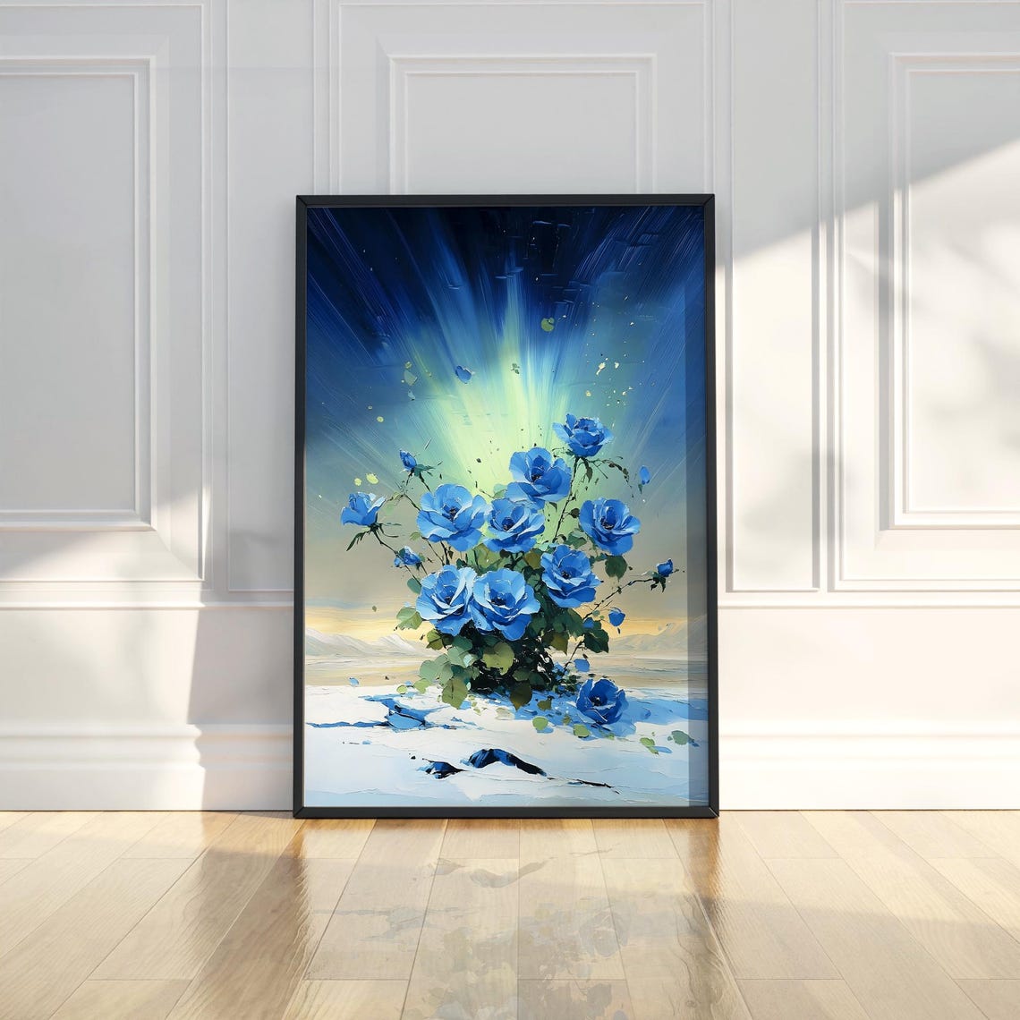 Blue Roses Snowy Night Aurora Borealis Winter Oil Painting Poster