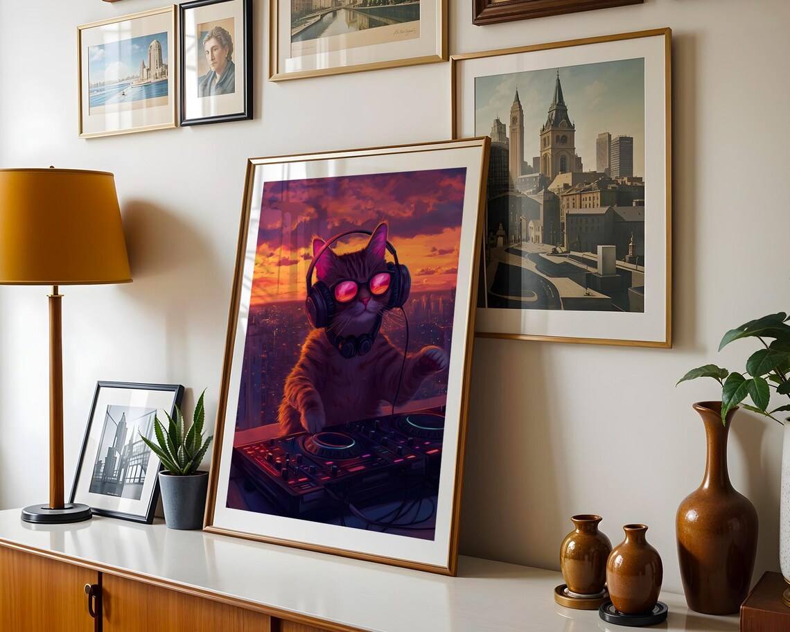Cat DJ Wearing Headphones Over Sunset Skyline Electronic Music Poster - Image 2