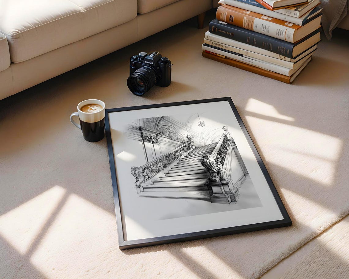Grand Ornate Staircase Pencil Sketch Wall Art Architectural Interior Poster For Living Room Office Study Decor - Image 5