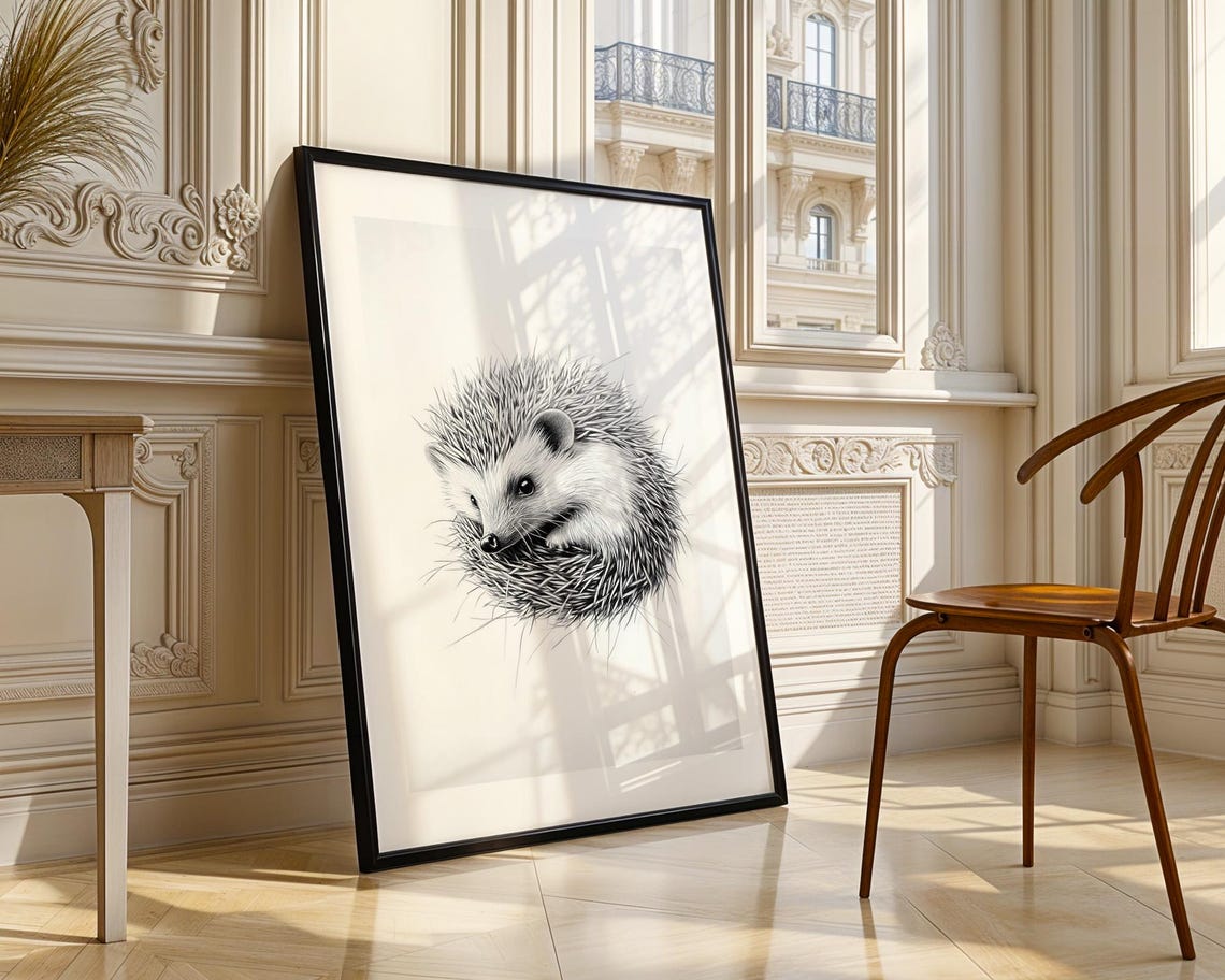 Charming Hedgehog Pencil Sketch Wall Art Monochrome Wildlife Poster For Nursery Living Room Office Study Decor - Image 4
