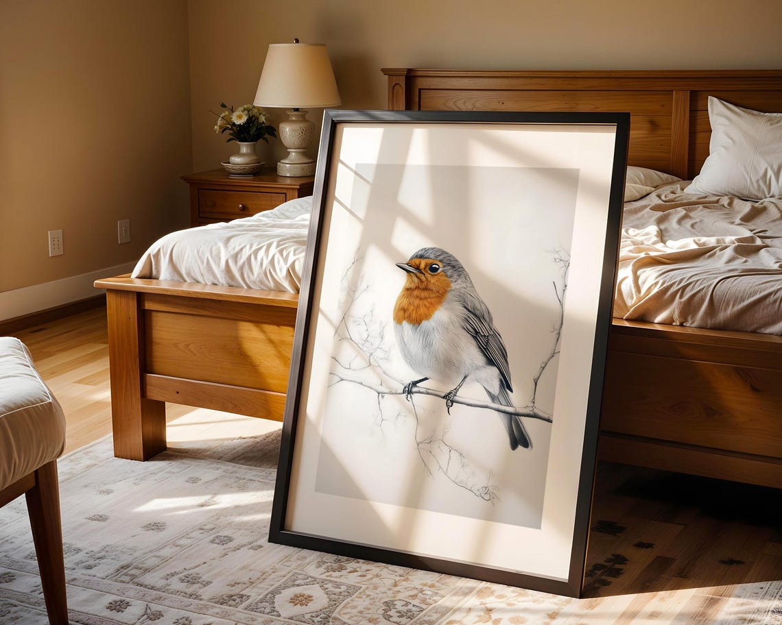 European Robin Bird On Branch Watercolor Portrait Artwork Poster - Image 4