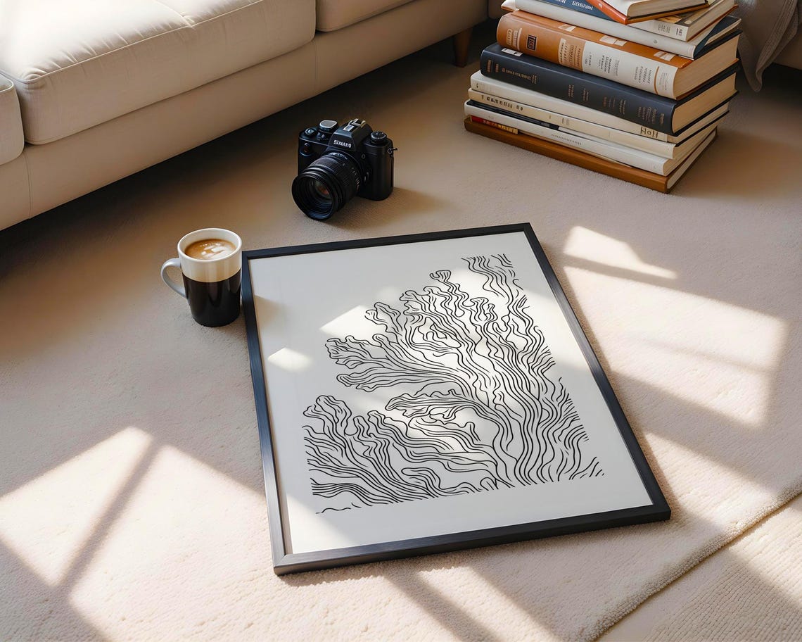 Minimalist Coral Reef Ocean Black And White Line Drawing Poster - Image 6