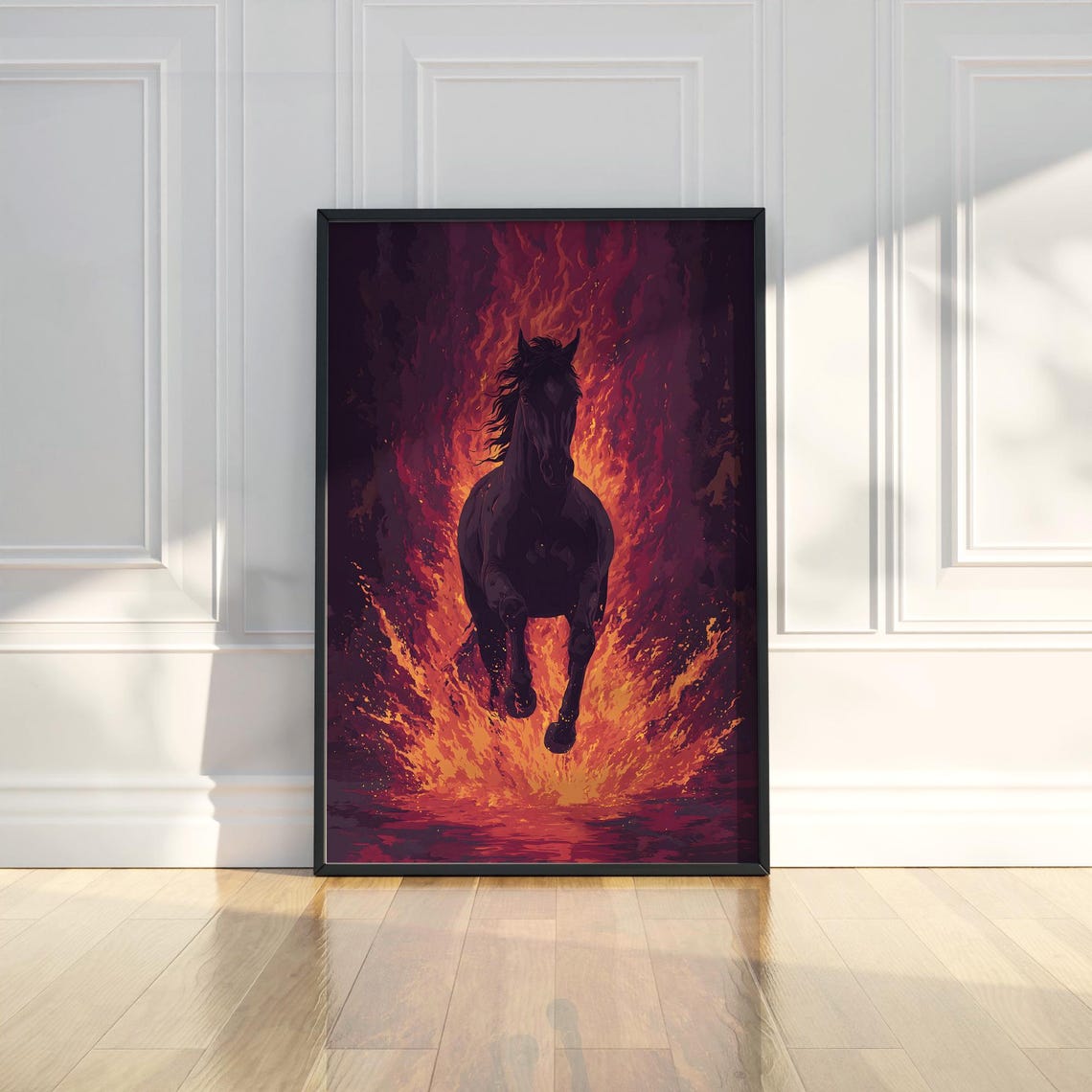 Wild Black Horse Running Through Flames Digital Painting Poster