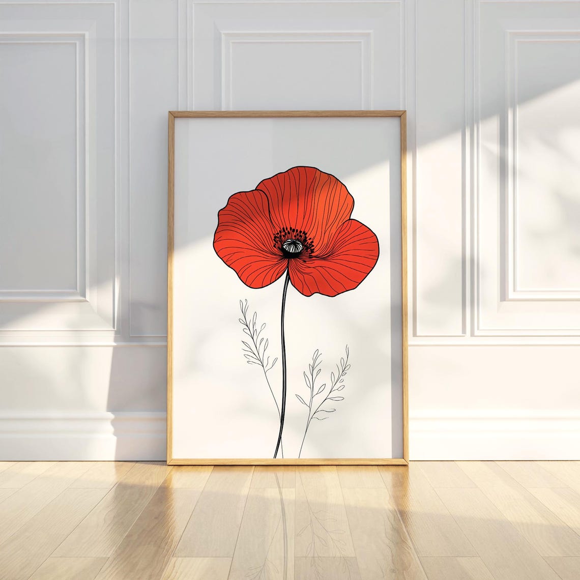 Red Poppy Flower Minimalist Line Illustration Simple Modern Poster