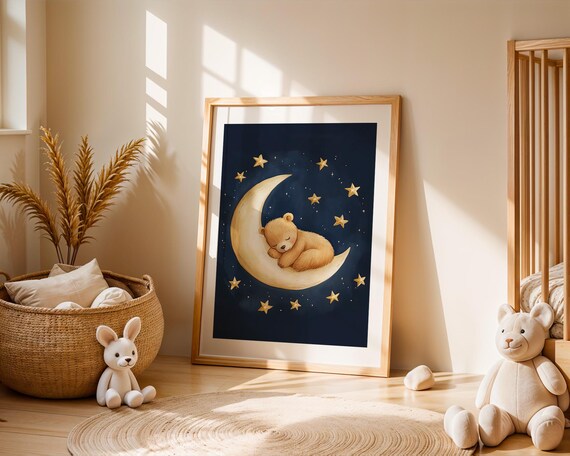 Cute Sleeping Baby Teddy Bear On Moon Night Sky Nursery Wall Art