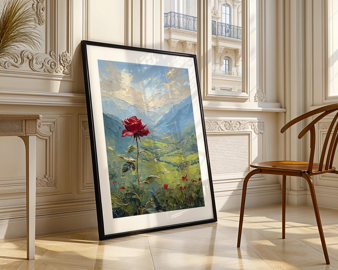 Single Red Rose Mountain Valley Oil Painting Landscape Art Poster - Image 3