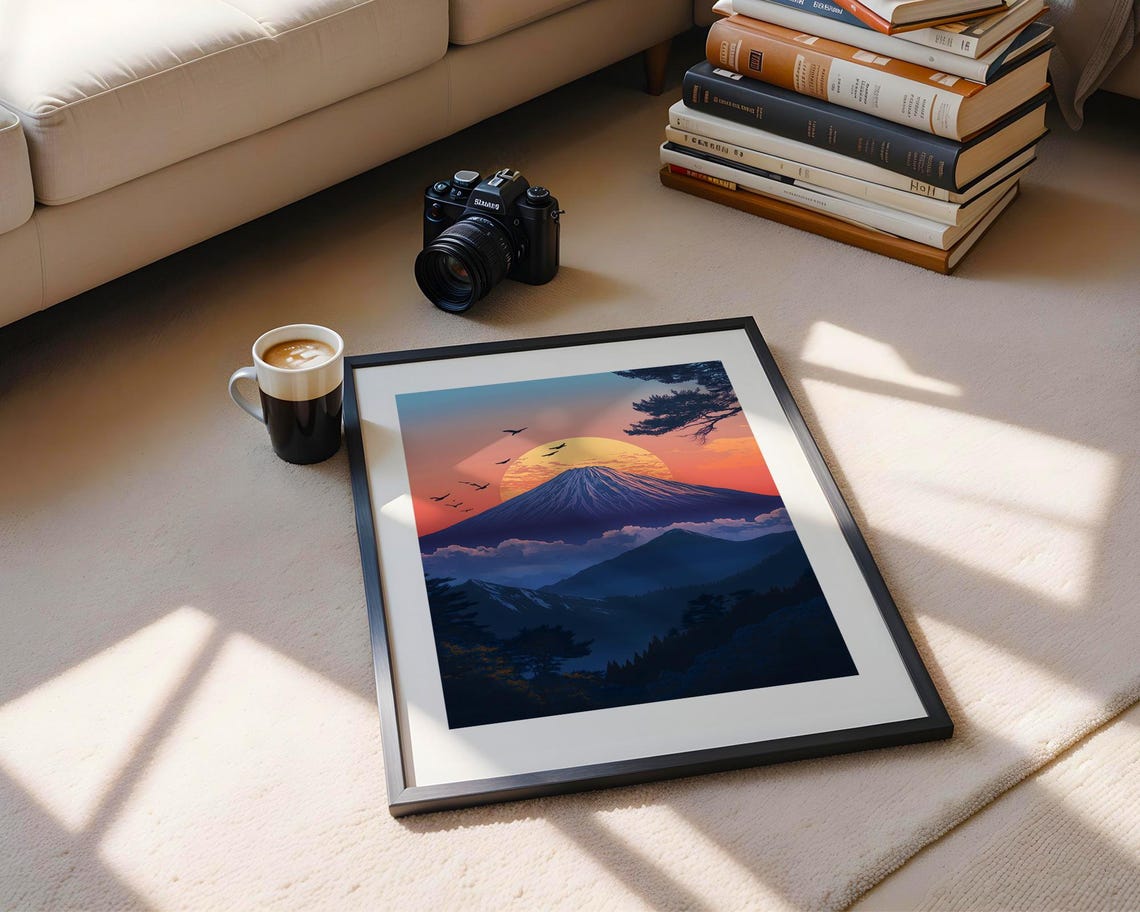 Mount Fuji Sunset Giant Golden Sun Birds Pine Silhouette Poster - Image 5