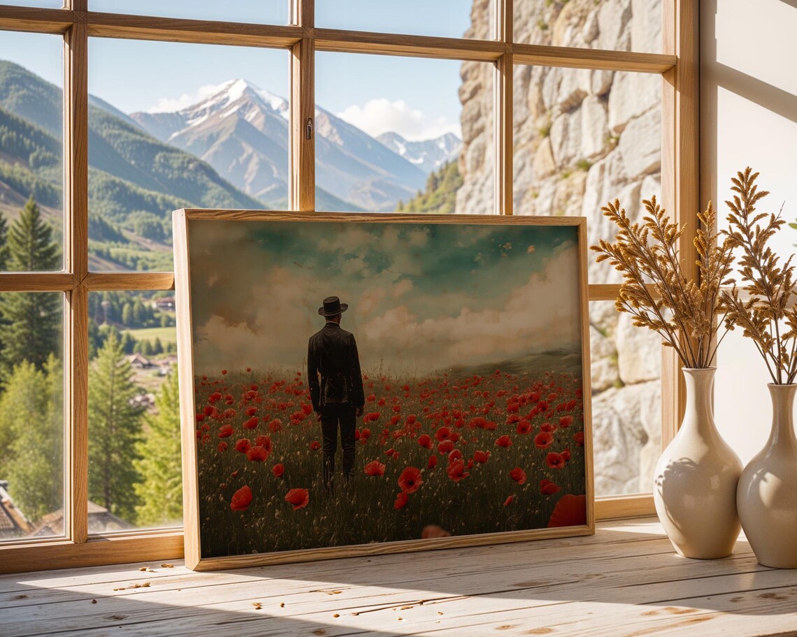Lone Man in Red Poppy Field Moody Vintage Landscape Art Poster - Image 5