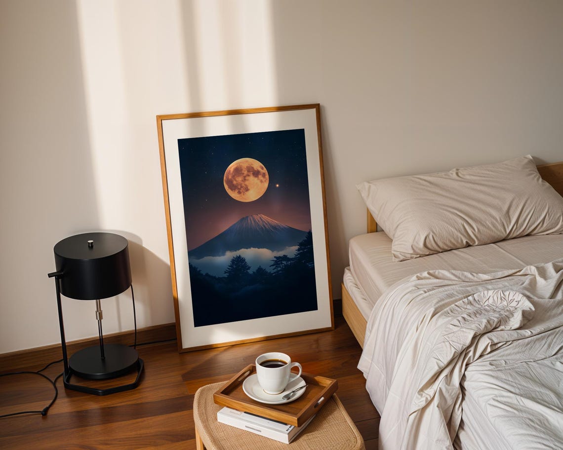 Mount Fuji Under Full Moon Night Sky Japanese Landscape Poster - Image 2