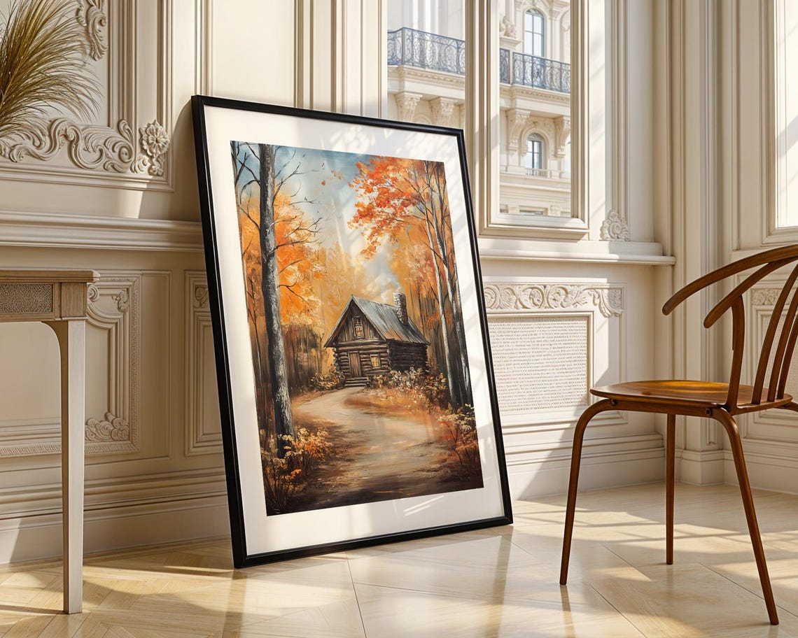 Autumn Forest Log Cabin Fall Foliage Cozy Landscape Painting Poster - Image 3