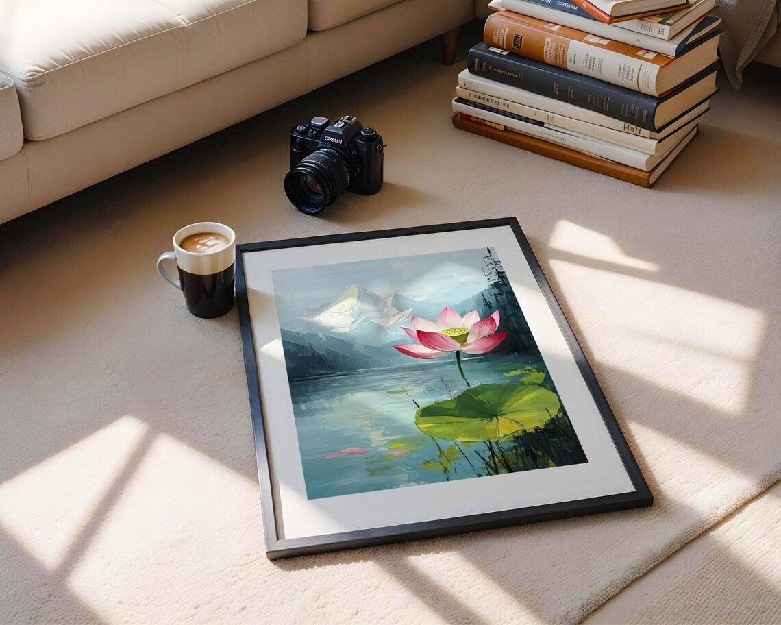 Pink Lotus Flower Serene Lake Mountain Landscape Oil Painting Poster - Image 5