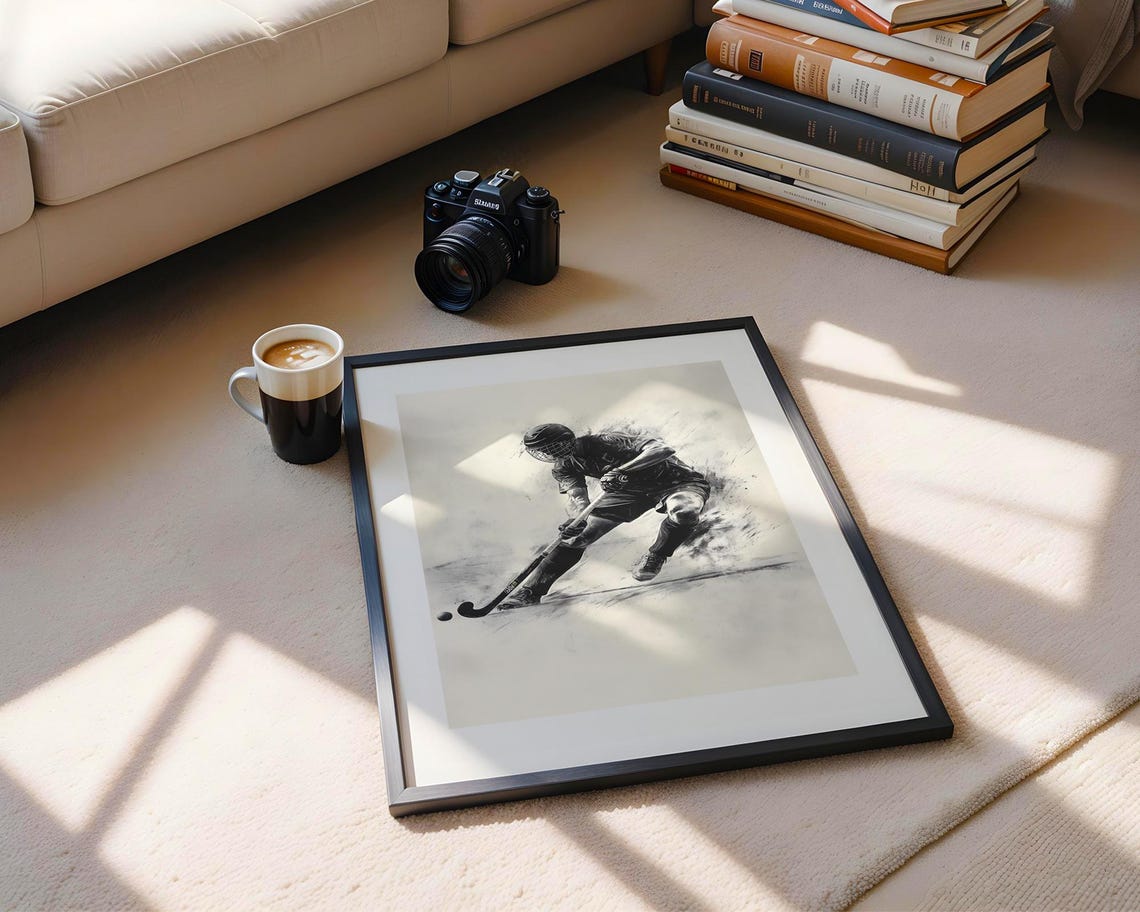 Field Hockey Player Striking Ball Monochrome Sketch Sports Poster - Image 5