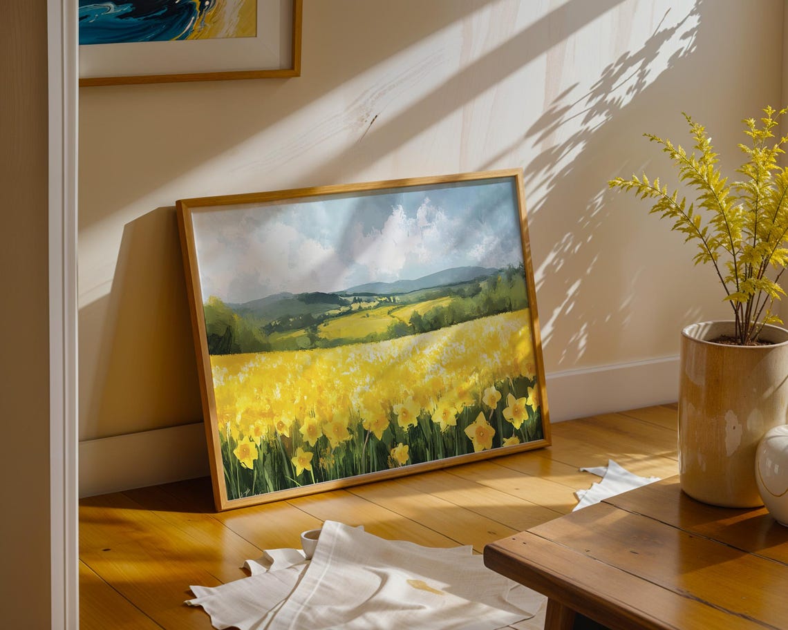 Endless Daffodil Field Under Bright Sky Cheerful Watercolor Poster - Image 4