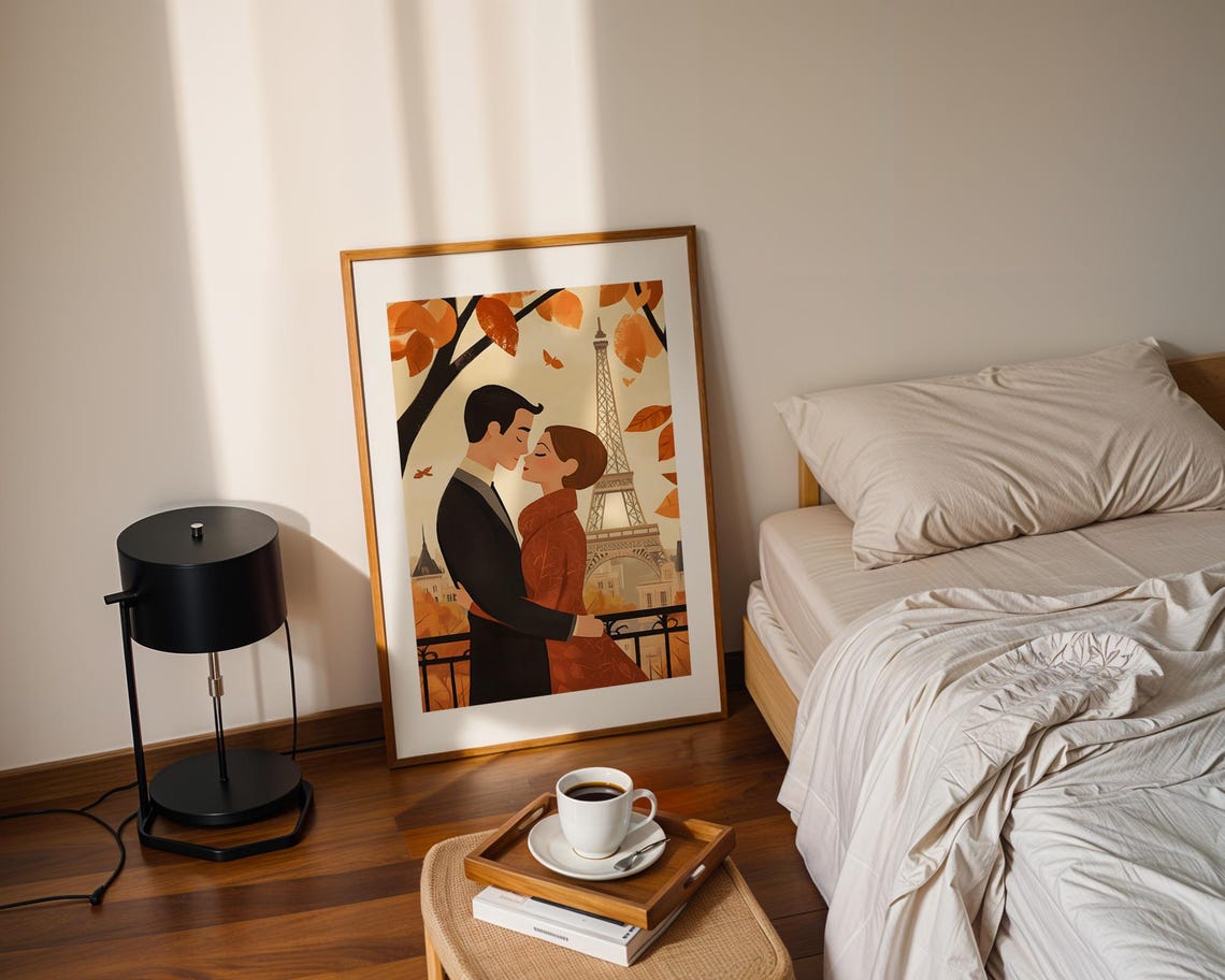 Paris Couple Autumn Leaves Eiffel Tower Romantic Illustration Poster - Image 2