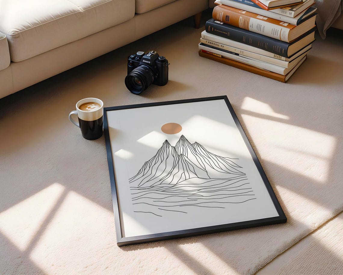 Minimal Mountain Line Drawing with Terracotta Sun Art Poster - Image 5