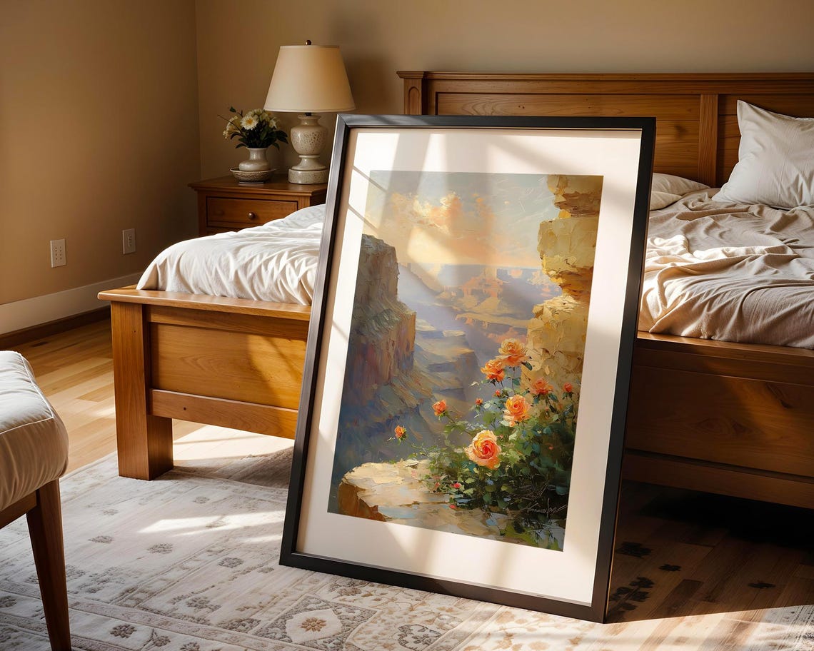 Orange Roses Blooming Canyon Cliff Edge Landscape Oil Painting Poster - Image 4