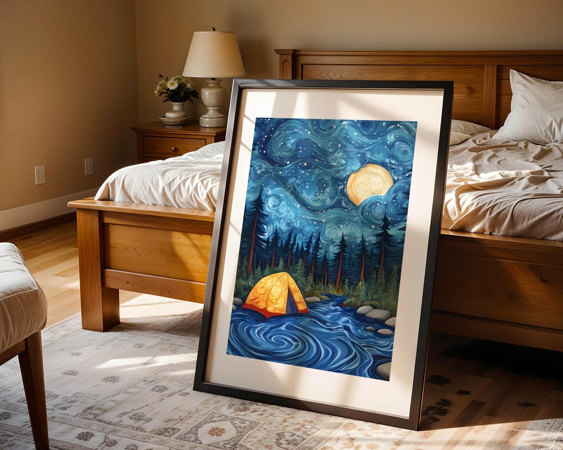 Starry Night Camping Tent River Pine Forest Adventure Sky Poster - Image 5