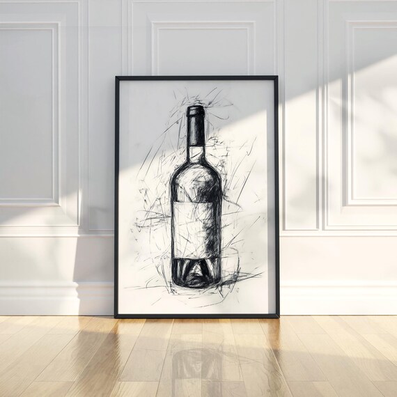 Wine Bottle Charcoal Sketch Black and White Kitchen Art Poster
