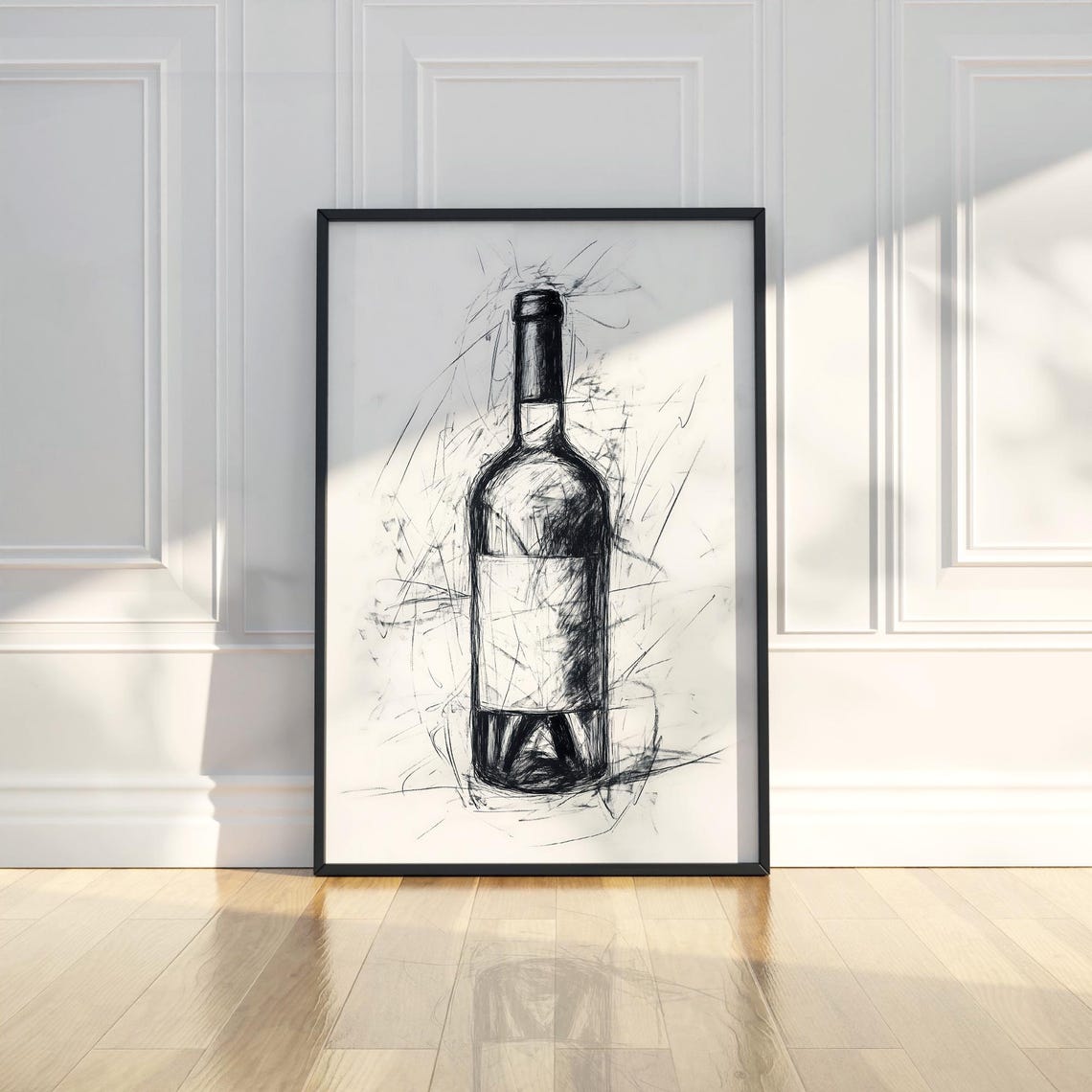 Wine Bottle Charcoal Sketch Black and White Kitchen Art Poster