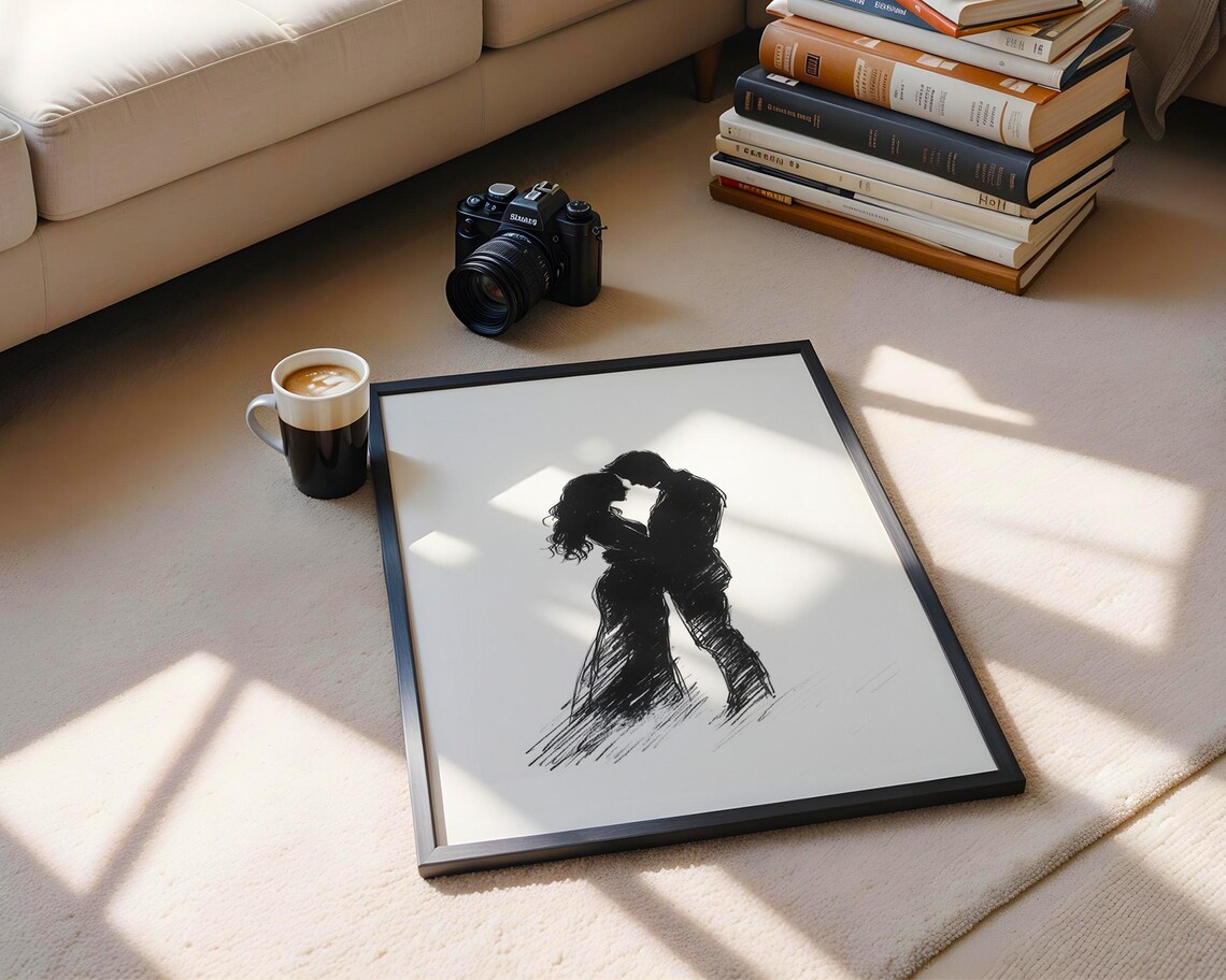 Romantic Couple Silhouette Embracing Minimalist Love Sketch Poster - Image 3