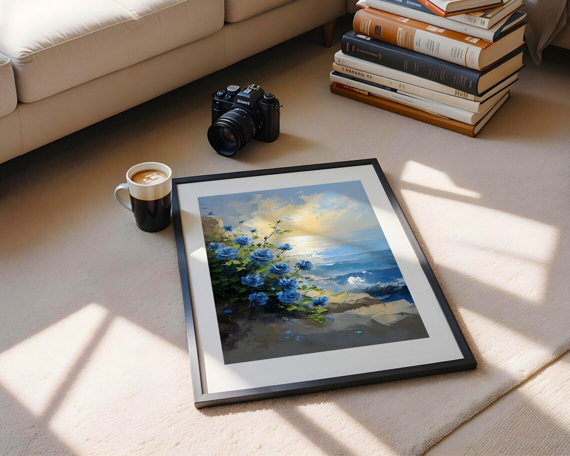 Blue Roses Rocky Coast Sunrise Ocean View Floral Oil Painting Poster - Image 5