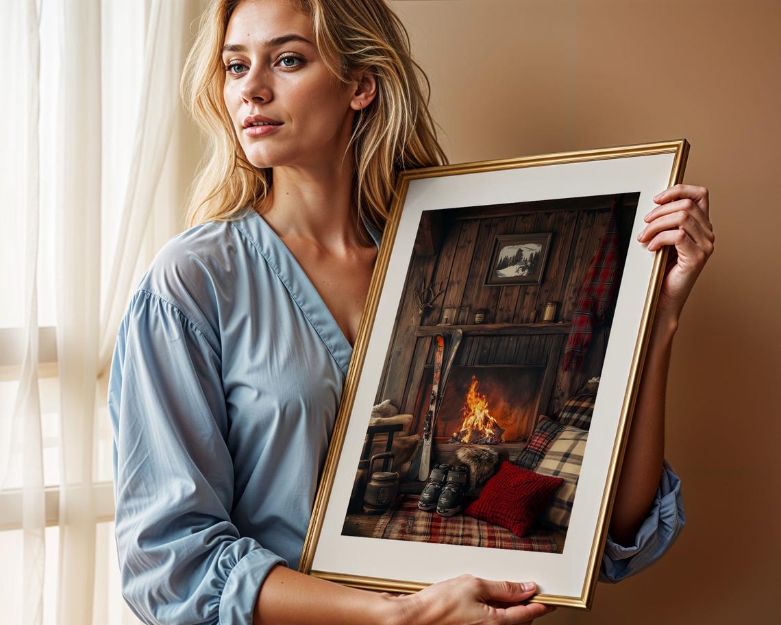 Cozy Ski Lodge Fireplace Scene Rustic Cabin Winter Retreat Poster - Image 2