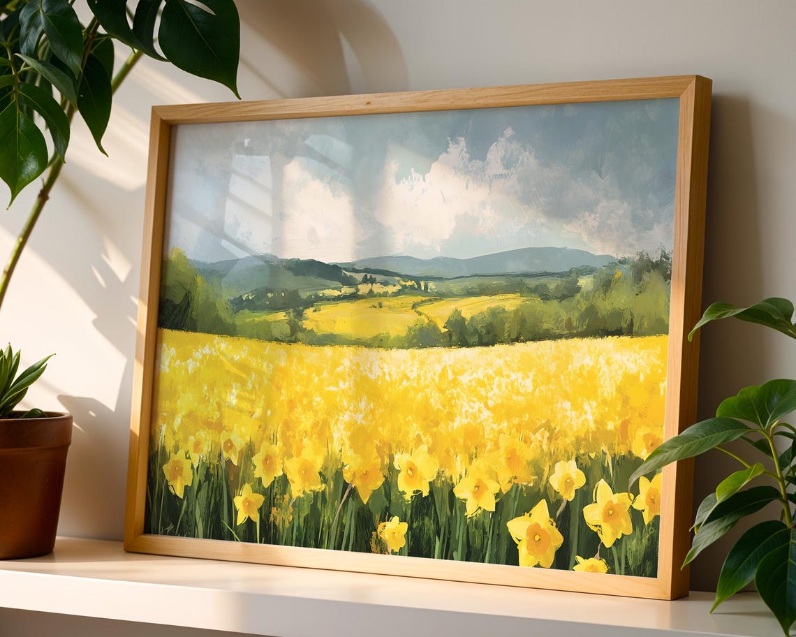 Endless Daffodil Field Under Bright Sky Cheerful Watercolor Poster - Image 5