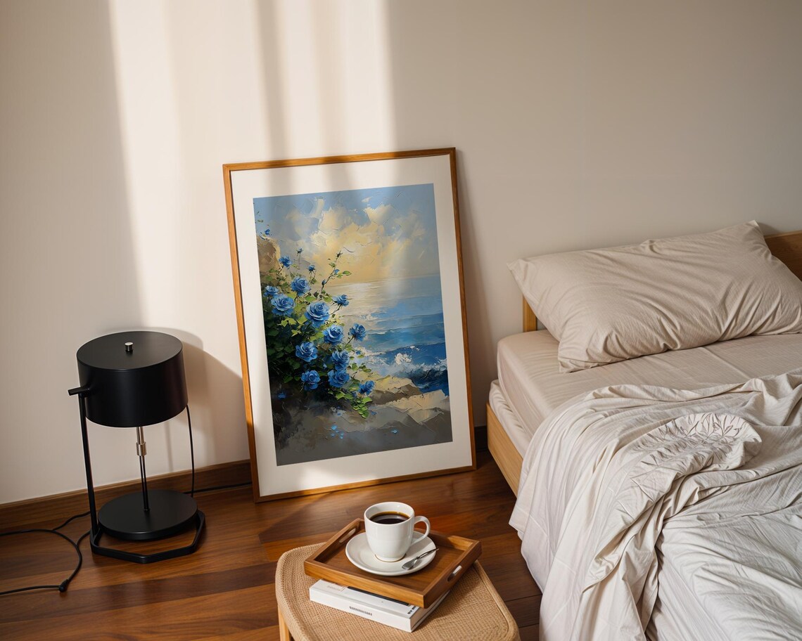 Blue Roses Rocky Coast Sunrise Ocean View Floral Oil Painting Poster - Image 2