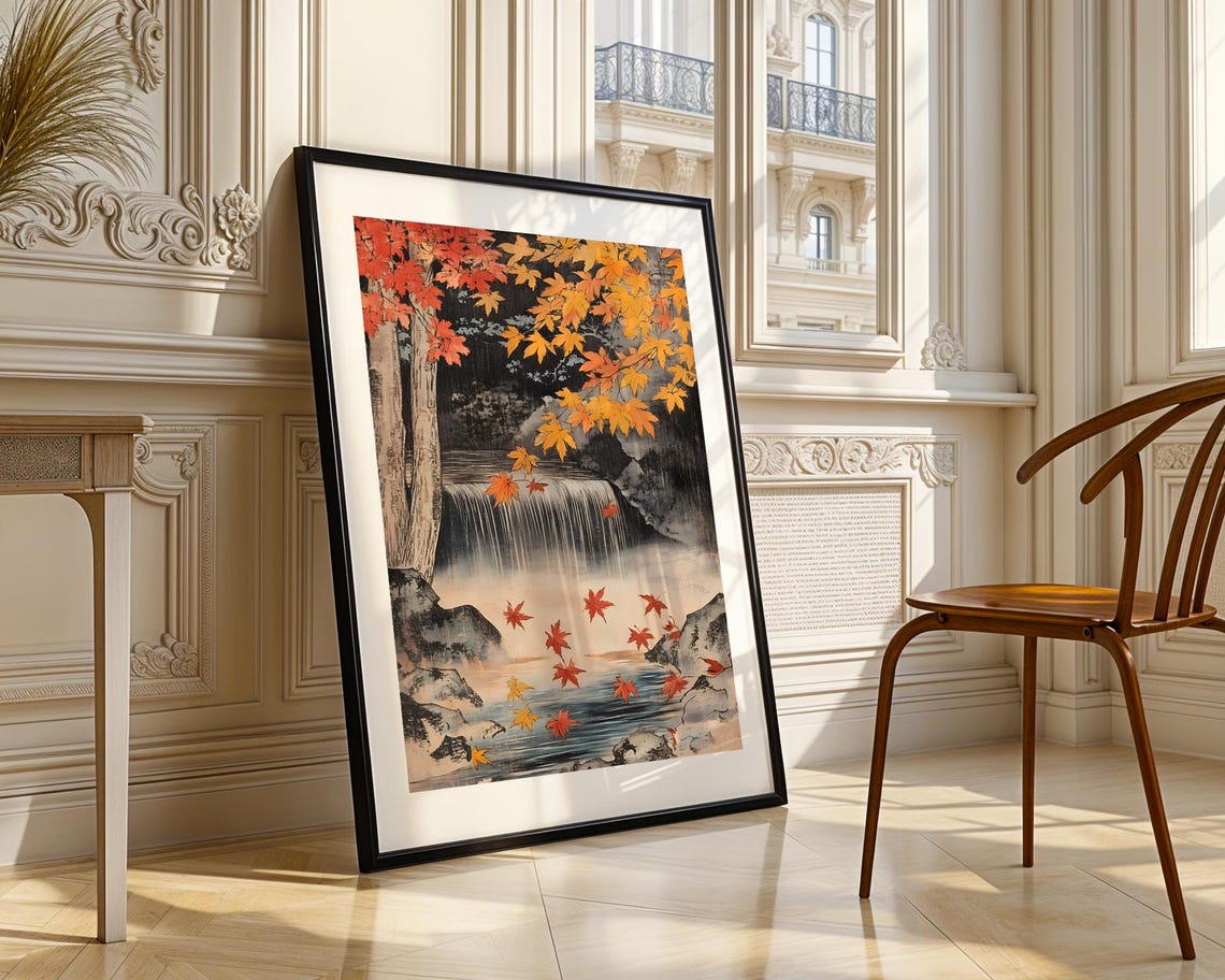 Japanese Autumn Waterfall Art Poster with Falling Red Maple Leaves - Image 3