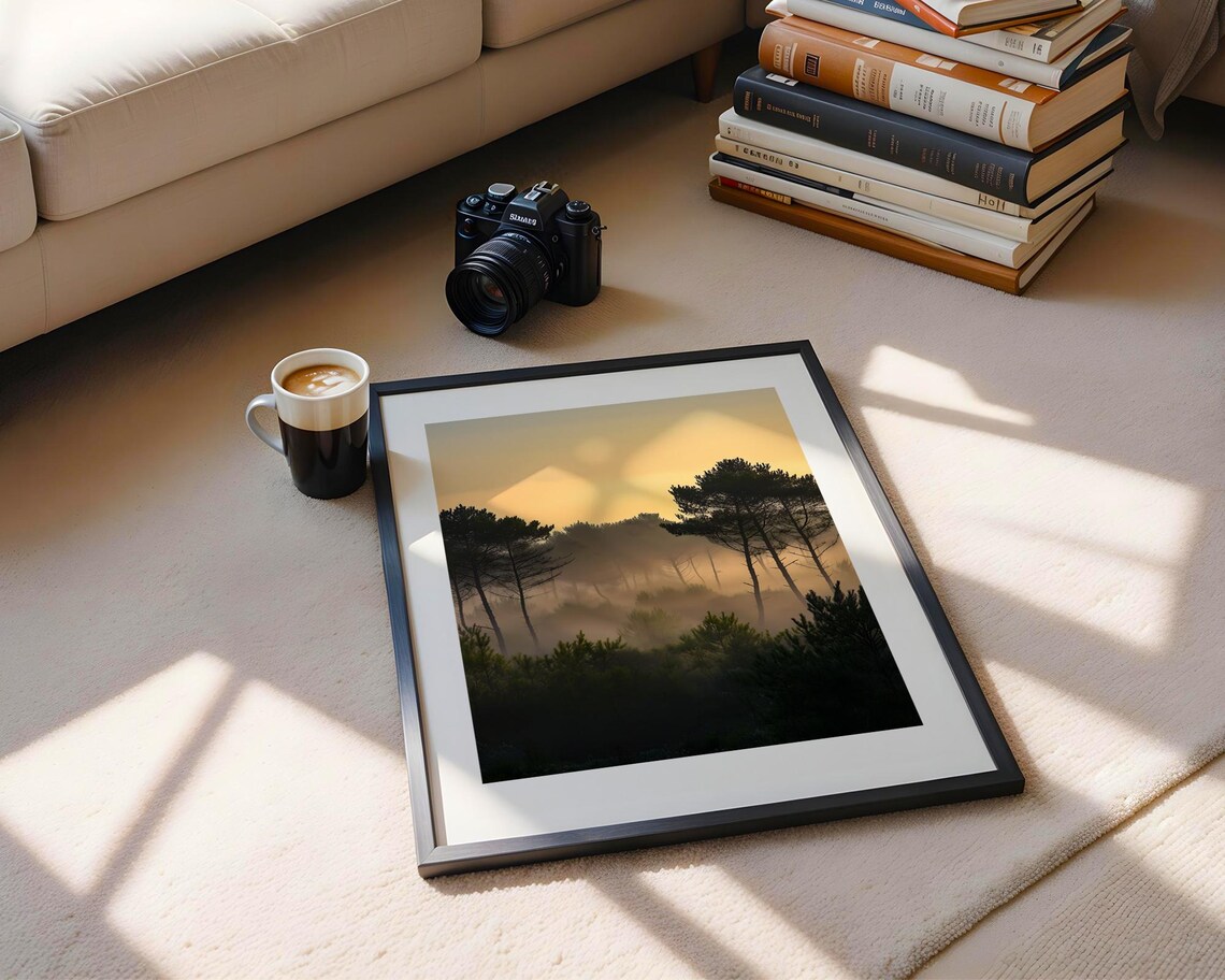 Misty Pine Forest at Golden Sunrise Art Poster for Calm Decor - Image 5
